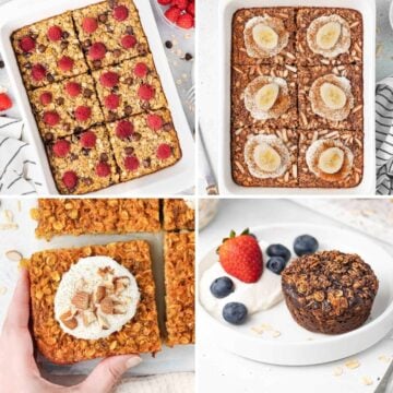 Photo collage of four baked oatmeal recipes: raspberry, banana, pumpkin and chocolate muffins.