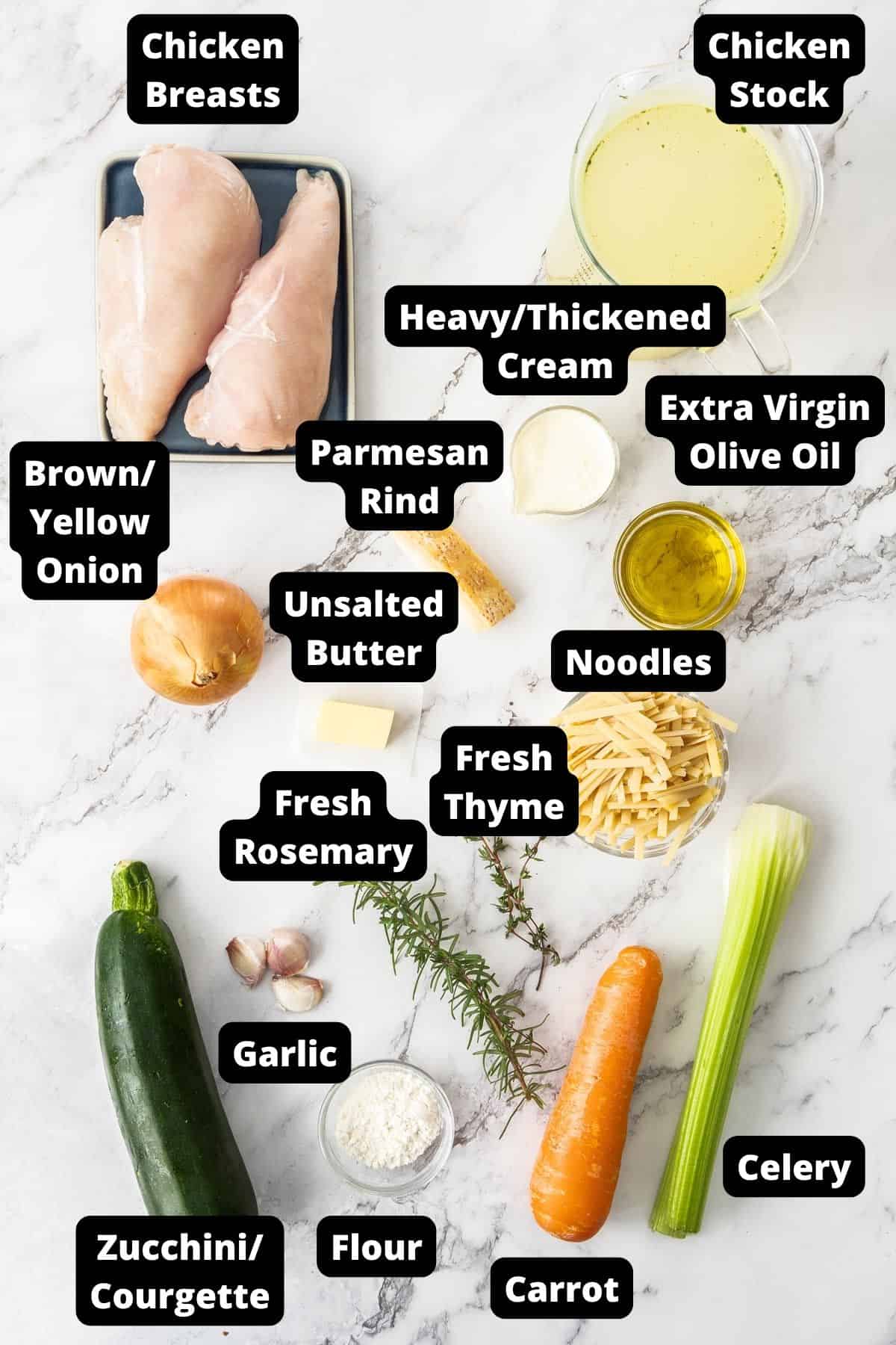 Ingredients in this recipe on a white marble background.