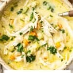Pinterest image with photo of Creamy Chicken Noodle Soup.