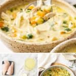 Pinterest image with photos of Creamy Chicken Noodle Soup.