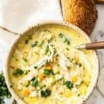 Pinterest image with photo of Creamy Chicken Noodle Soup.