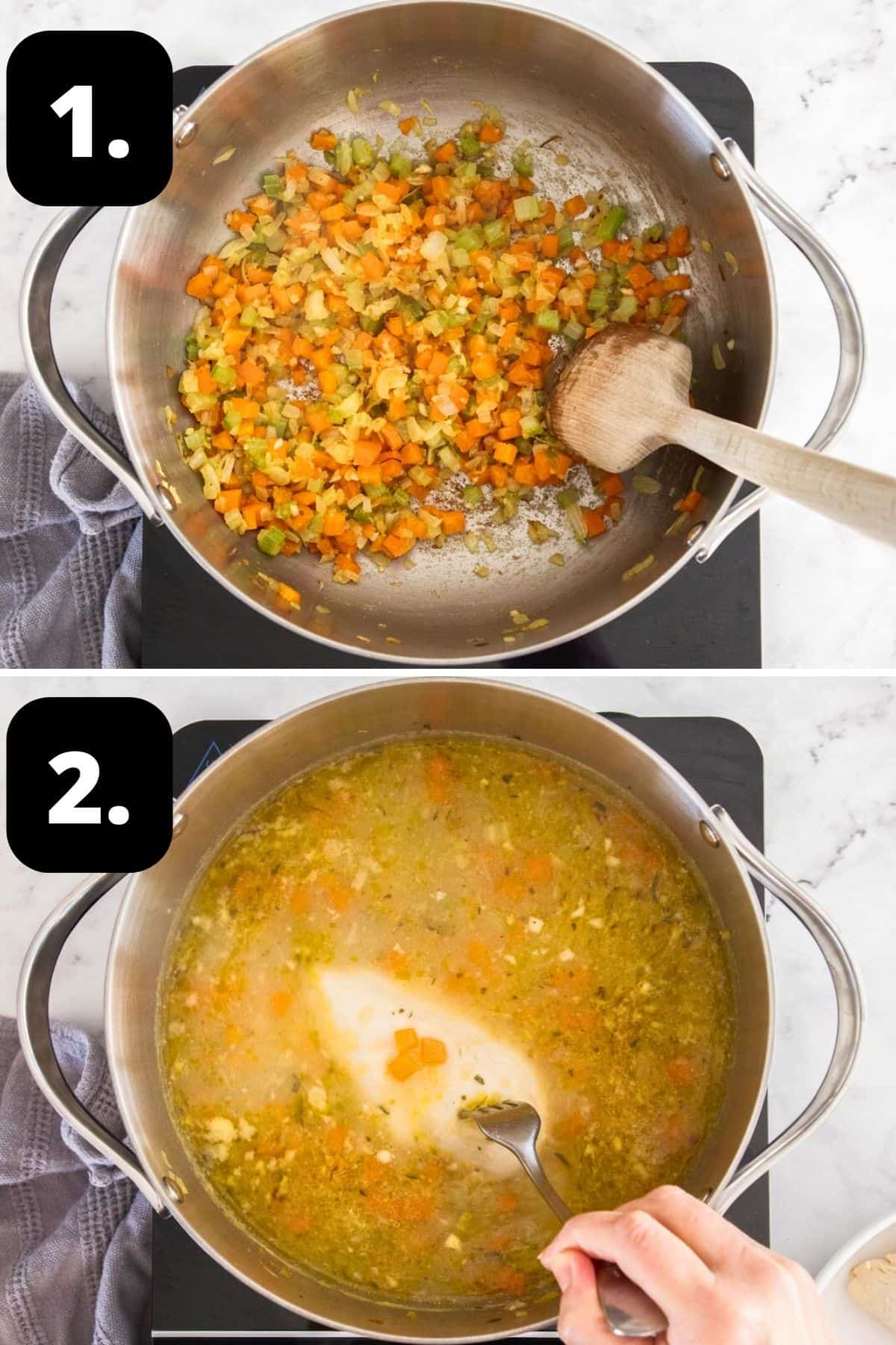 Steps 1-2 of preparing this recipe: sautéing the vegetables in a large pan and cooking the chicken in broth in the pan.