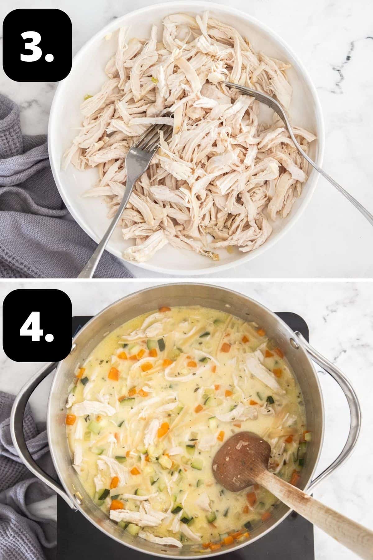 Steps 3-4 of preparing this recipe: shredding the chicken and the chicken in the pan with the remaining ingredients.