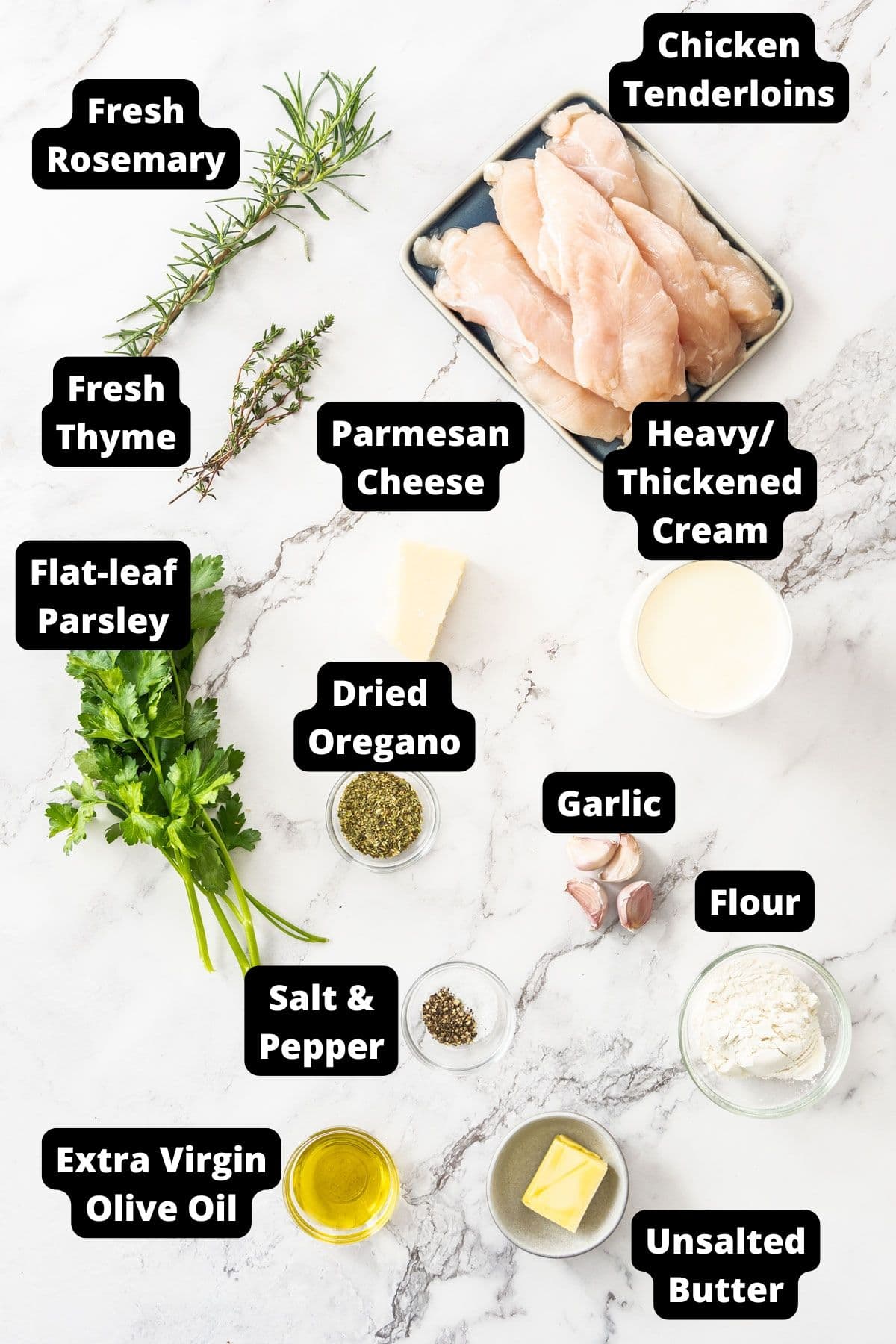 Ingredients in this recipe on a white marble background.