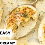 Pinterest image with photo of Creamy Herb Chicken.