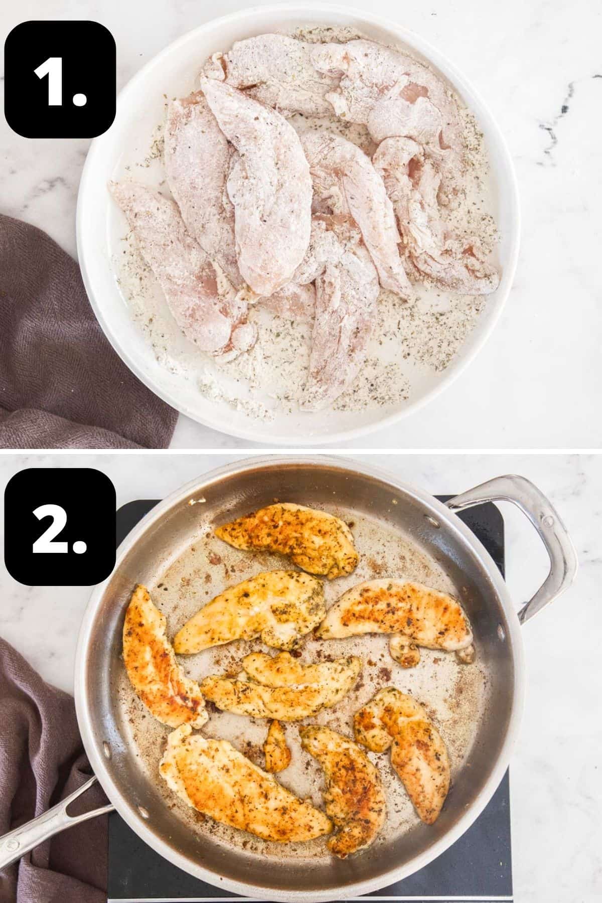 Step 1-2 of preparing this recipe: flouring the chicken on a plate and cooking the chicken in a large frying pan.