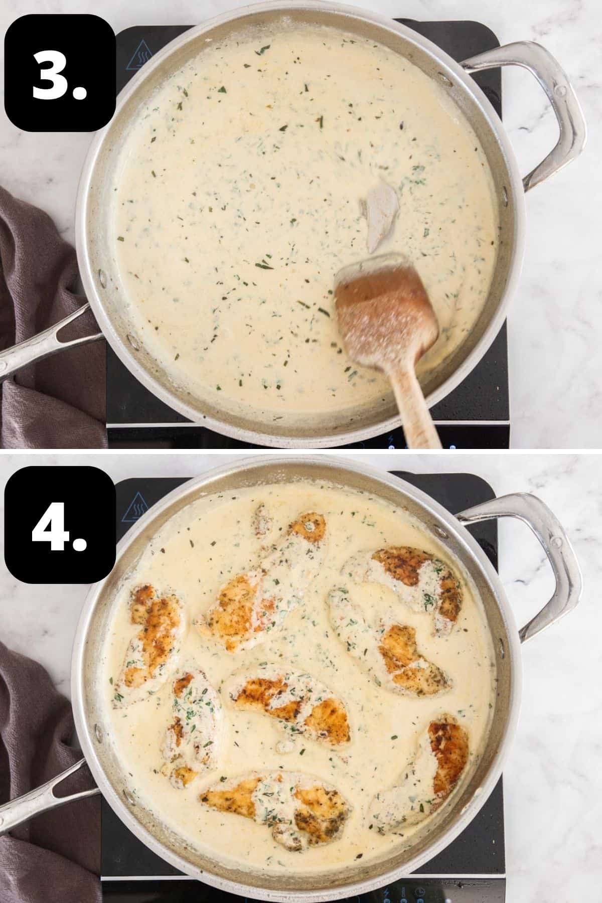 Steps 3-4 of preparing this recipe: bringing the cream sauce together and returning the chicken to the pan with the sauce.
