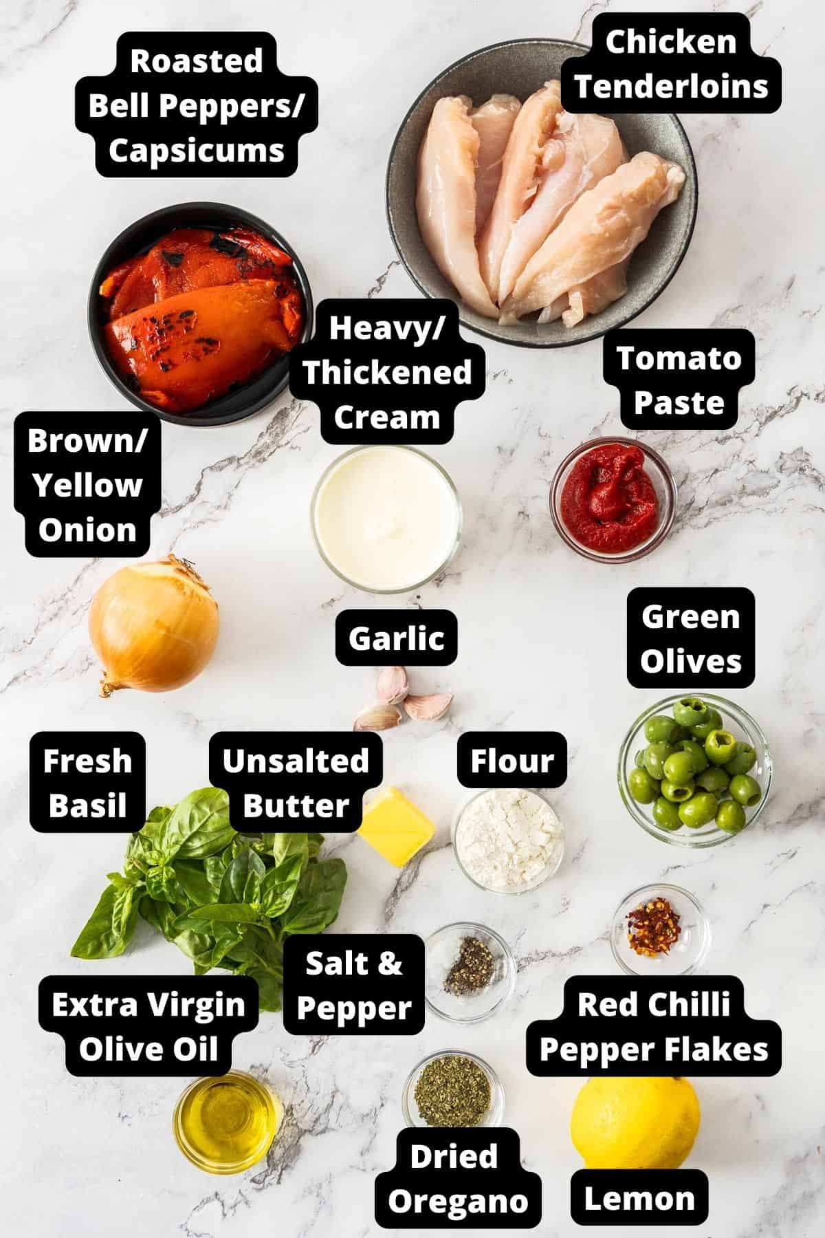 Ingredients in this recipe on a white marble background.