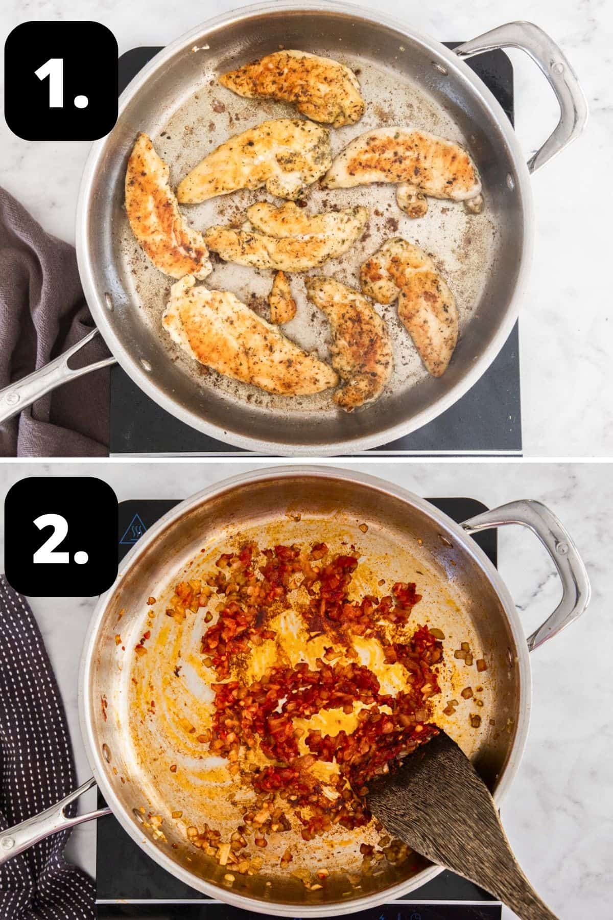 Steps 1-2 of preparing this recipe: cooking the chicken in the frying pan and starting the sauce in the same pan.