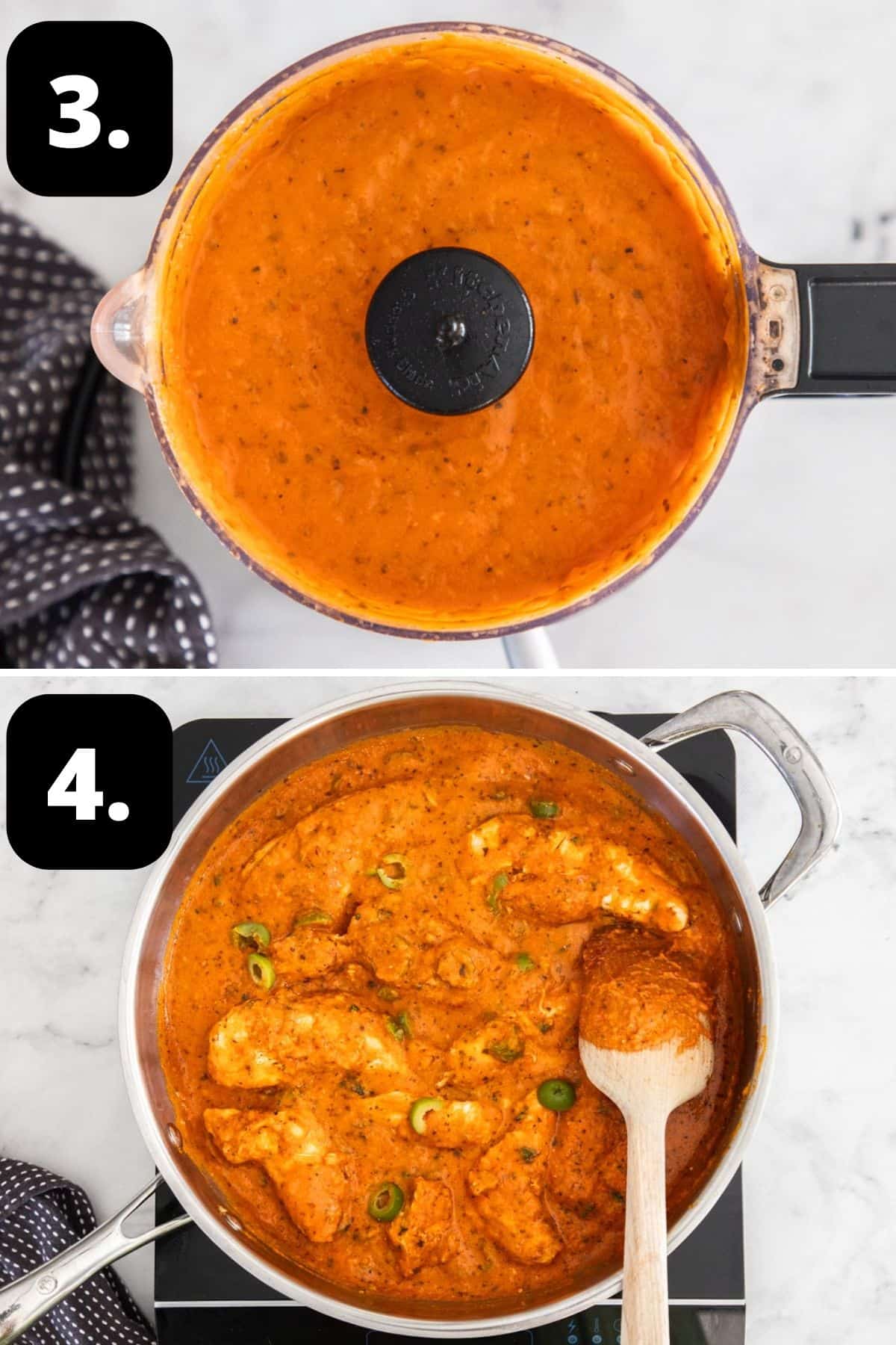 Steps 3-4 of preparing this recipe: pureeing the sauce in a food processor and the sauce and chicken in the pan.