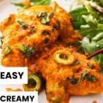Pinterest image with photo of Creamy Red Pepper Chicken.