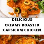 Pinterest image with photos of Creamy Red Pepper Chicken.