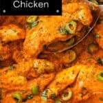 Pinterest image with photo of Creamy Red Pepper Chicken.
