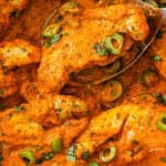 Pinterest image with photo of Creamy Red Pepper Chicken.
