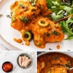 Pinterest image with photos of Creamy Red Pepper Chicken.