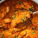Pinterest image with photo of Creamy Red Pepper Chicken.