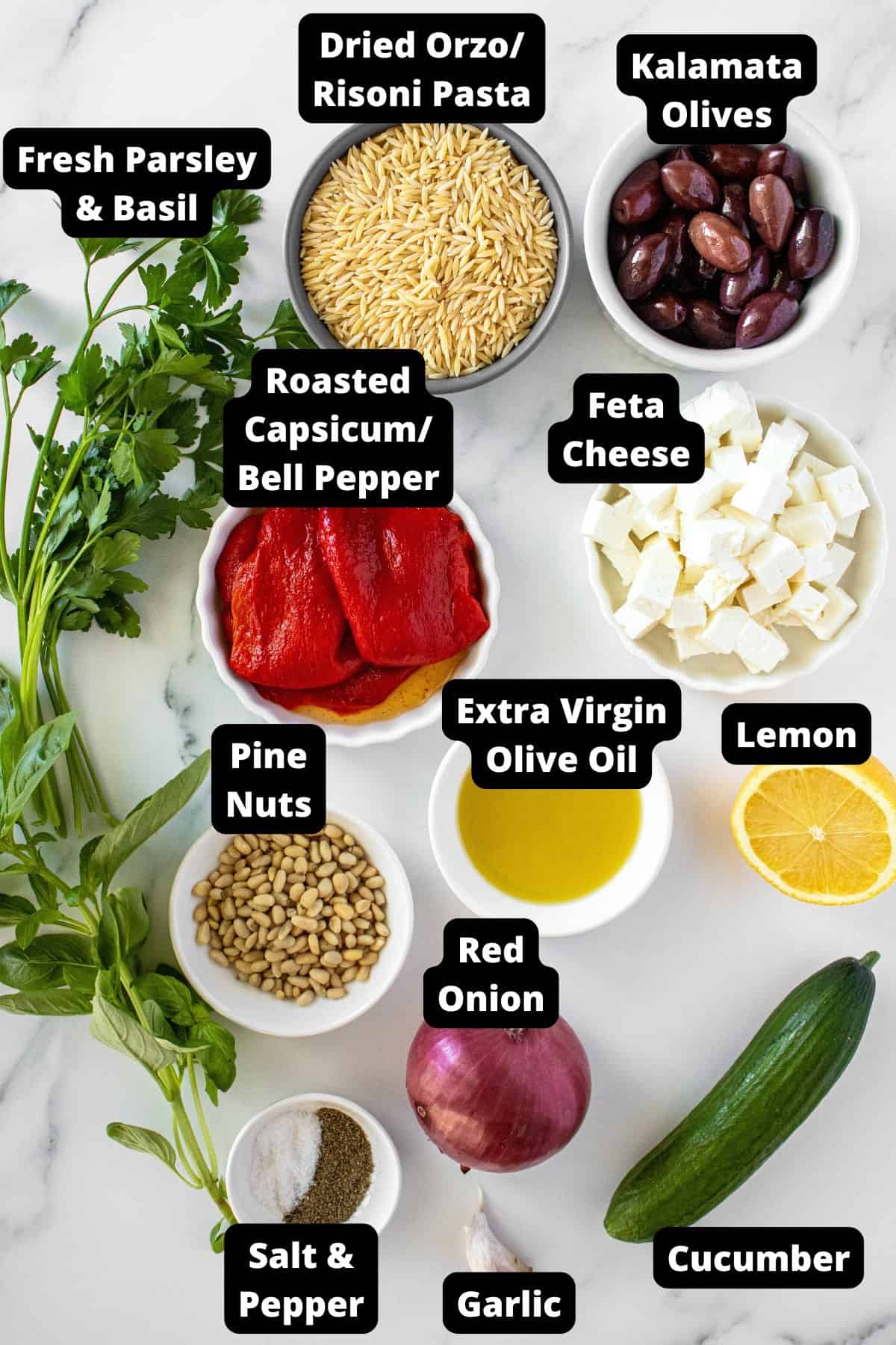 Ingredients in this recipe on a white marble background.