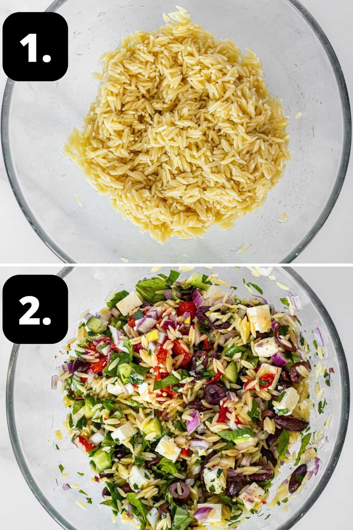 Steps 1-2 of preparing this recipe: the cooked orzo in a large glass bowl and the ingredients combined.