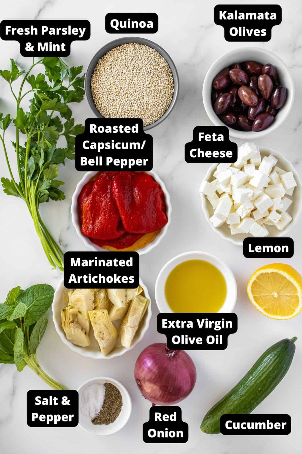 Ingredients in this recipe on a white marble background.