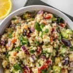 Pinterest image with photo of Mediterranean Quinoa Salad.