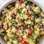 Pinterest image with photo of Mediterranean Quinoa Salad.