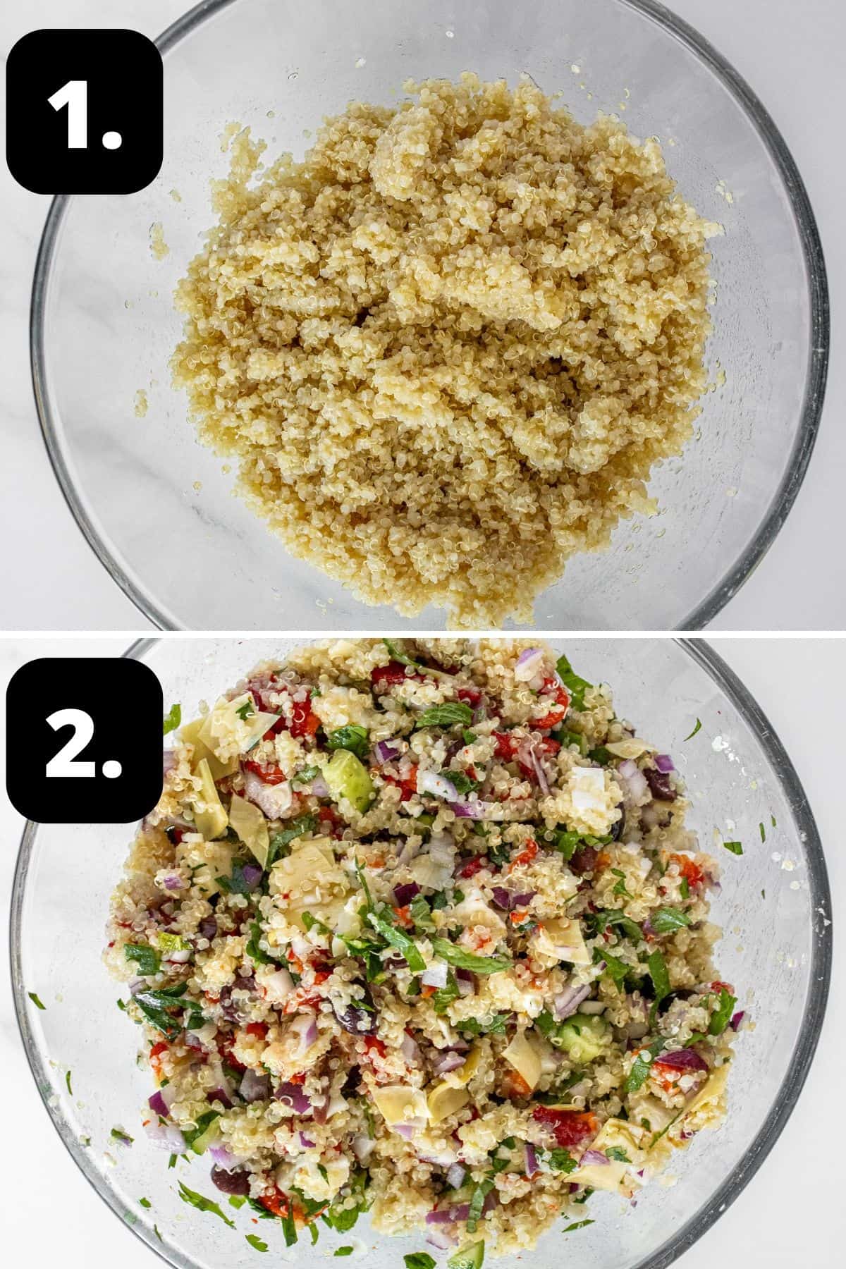 Steps 1-2 of preparing this recipe: the cooked quinoa in a large glass bowl and the ingredients combined.
