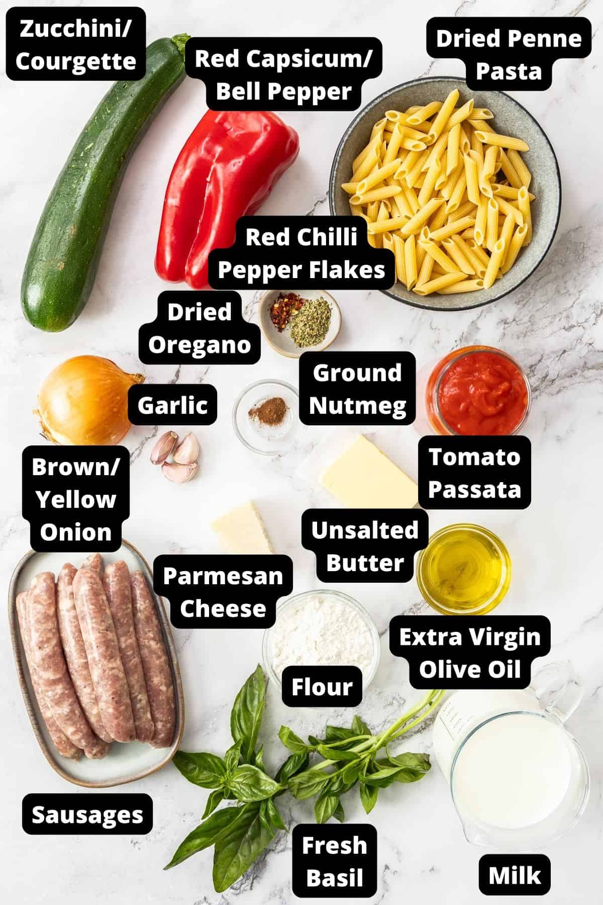 Ingredients in this recipe on a white marble background.