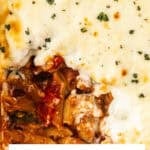 Pinterest image with photo of Mediterranean Sausage Pasta Bake.