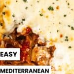 Pinterest image with photo of Mediterranean Sausage Pasta Bake.