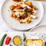 Pinterest image with photos of Mediterranean Sausage Pasta Bake.