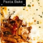 Pinterest image with photo of Mediterranean Sausage Pasta Bake.