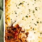 Pinterest image with photo of Mediterranean Sausage Pasta Bake.