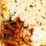 Pinterest image with photo of Mediterranean Sausage Pasta Bake.