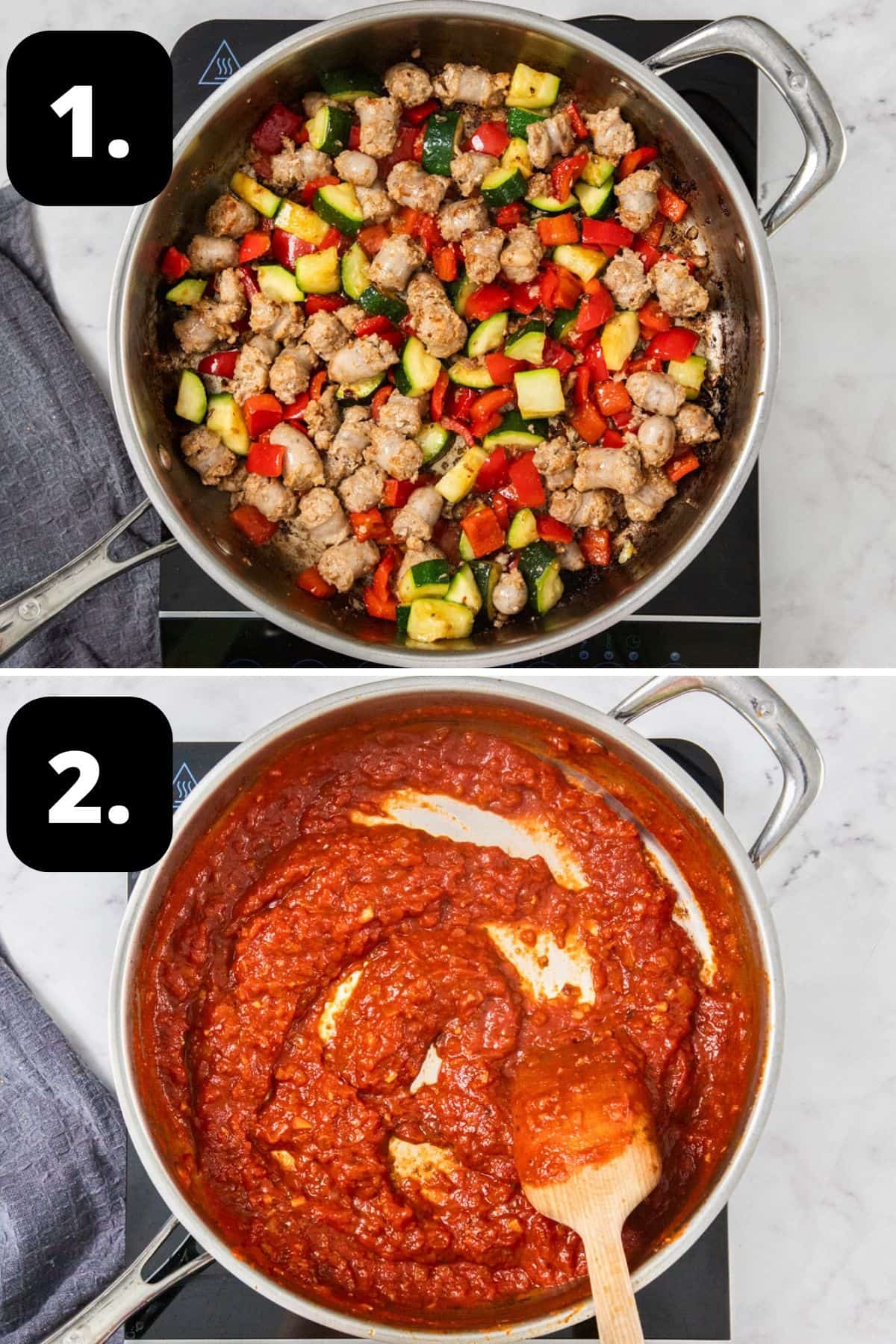 Steps 1-2 of preparing this recipe: cooking sausages and vegetables in a frying pan and preparing the tomato sauce in a pan.