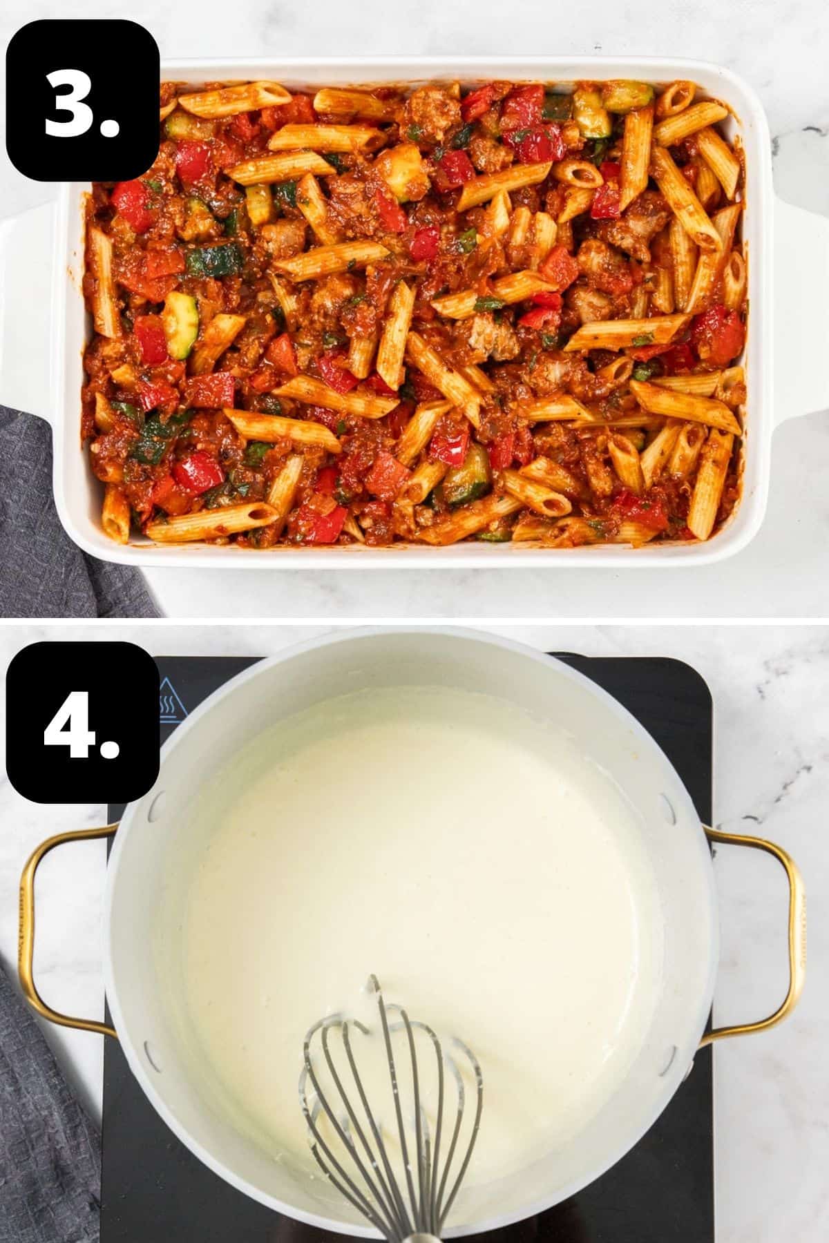 Steps 3-4 of preparing this recipe: the pasta mixture in a baking dish and making the bechamel sauce to top the pasta.