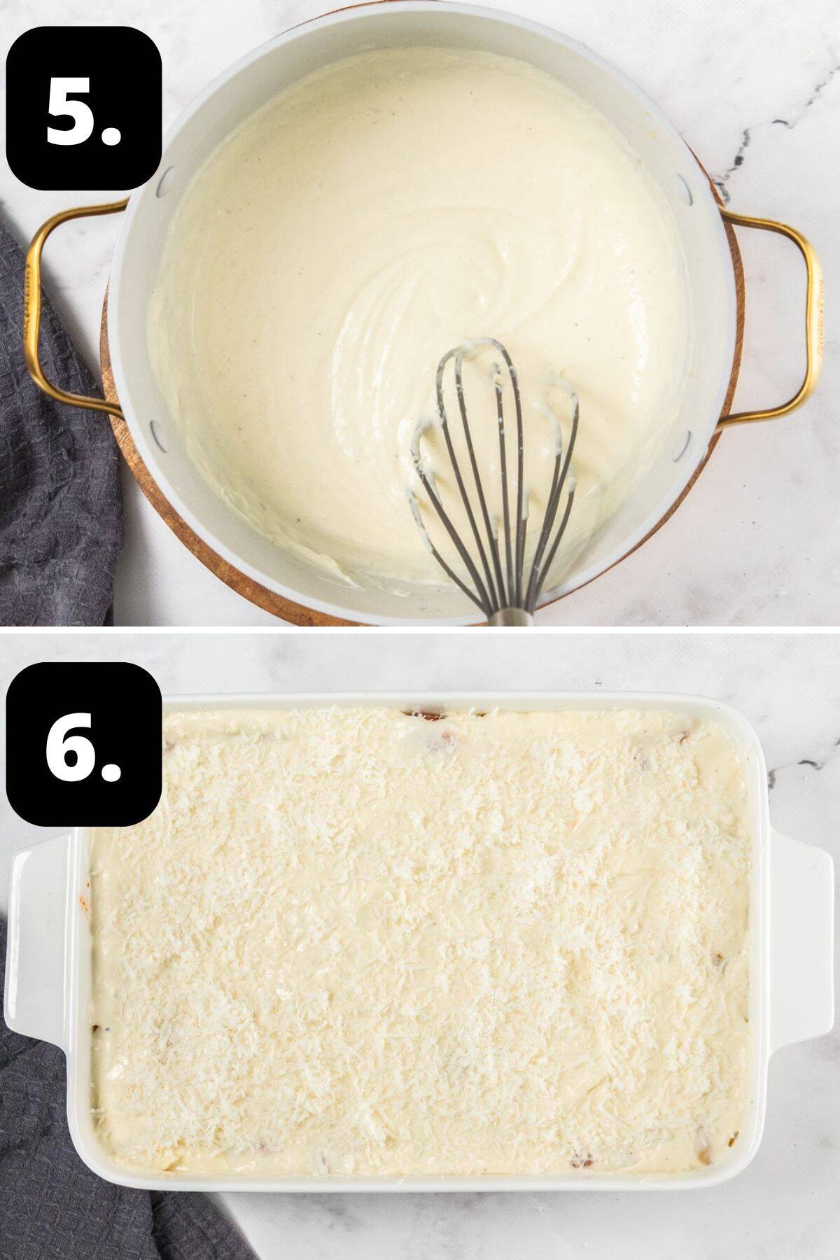 Steps 5-6 of preparing this recipe: cooked bechamel sauce in the pan and the pasta topped with the sauce, ready to bake.
