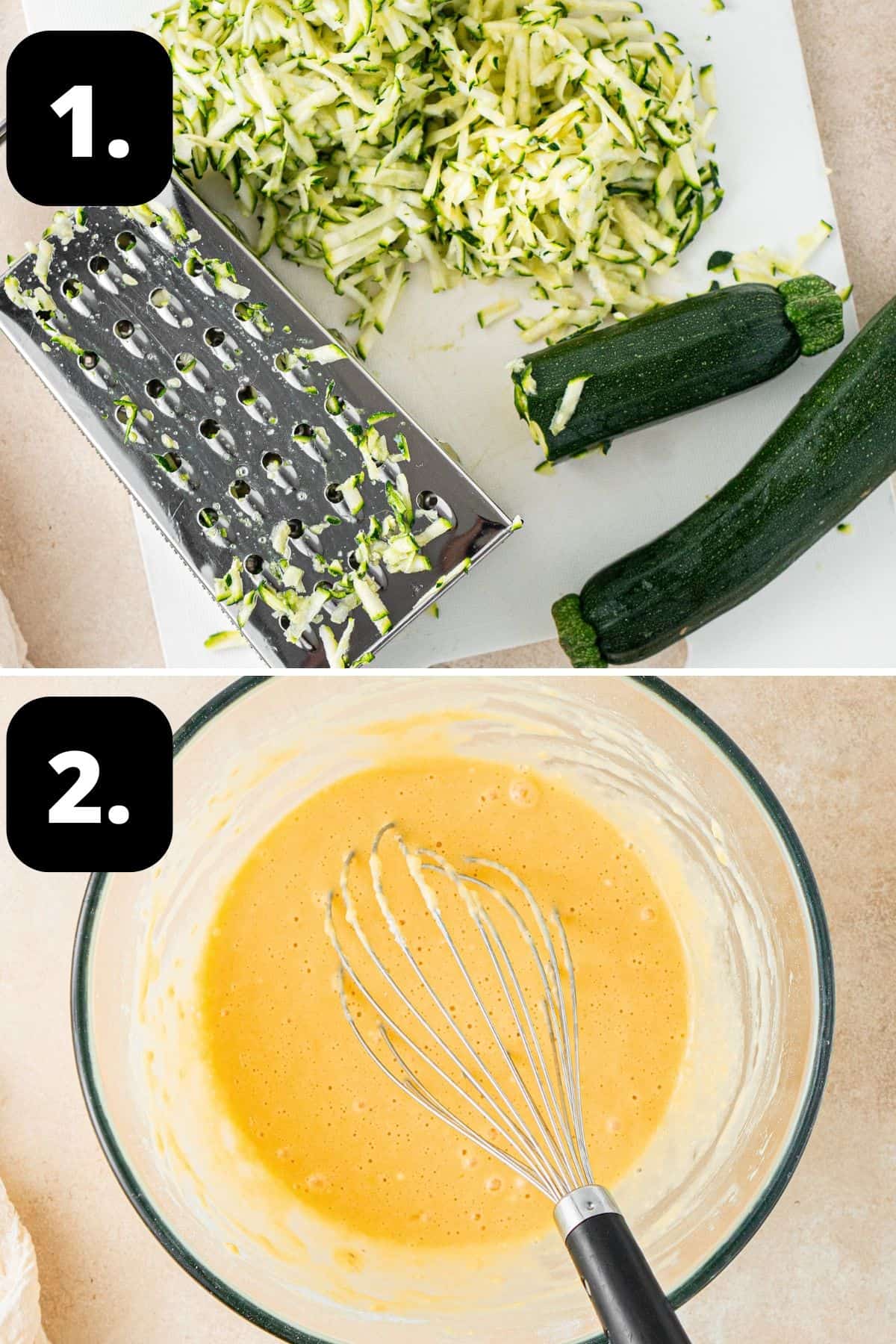 Steps 1-2 of preparing this recipe: grating the zucchini on a box grater and whisking the egg and flour in a large bowl.