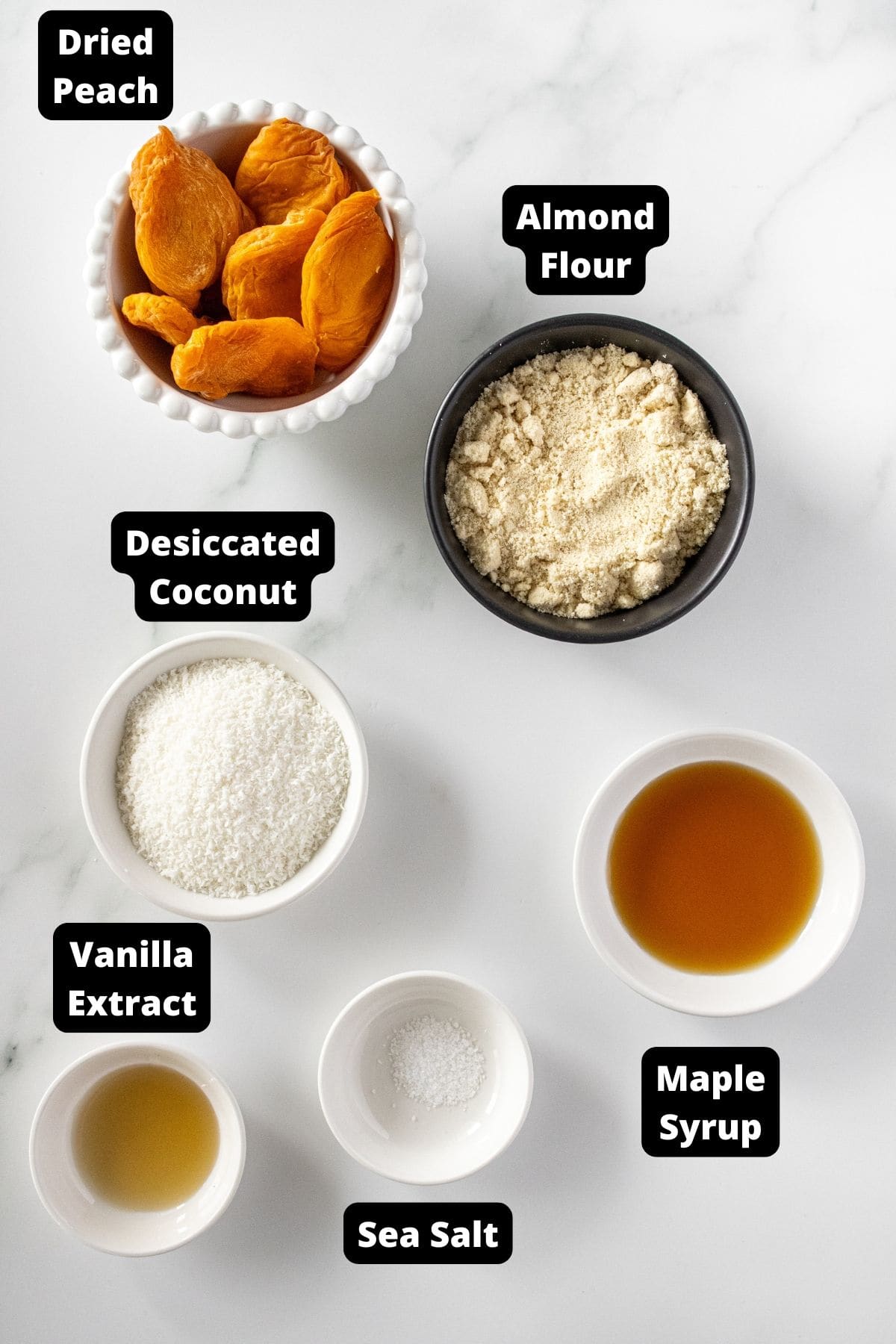 Ingredients in this recipe on a white marble background.