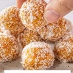 Pinterest image with photo of Peach Bliss Balls.