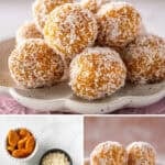 Pinterest image with photos of Peach Bliss Balls.