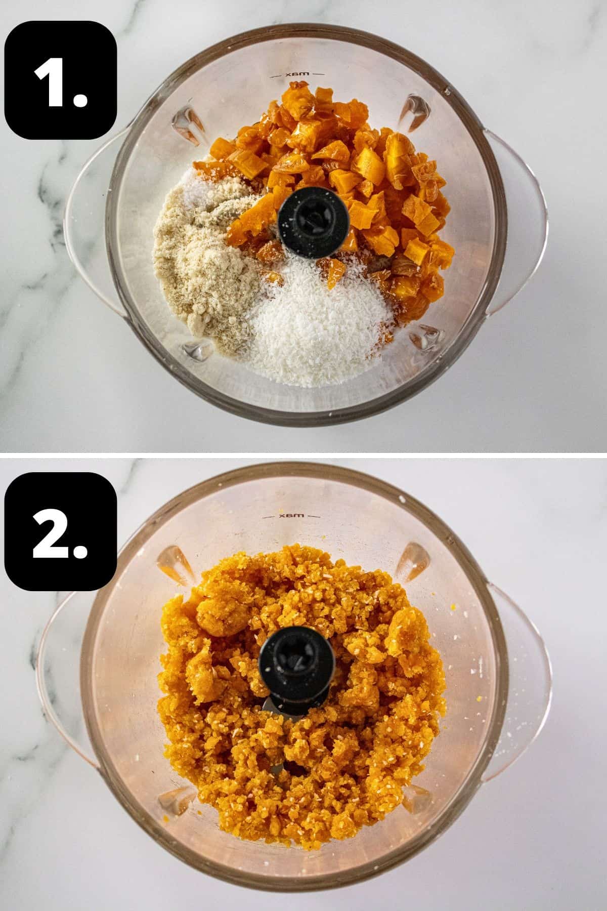 Steps 1-2 of preparing this recipe: the ingredients in a small food processor and the blended mixture, ready for rolling.