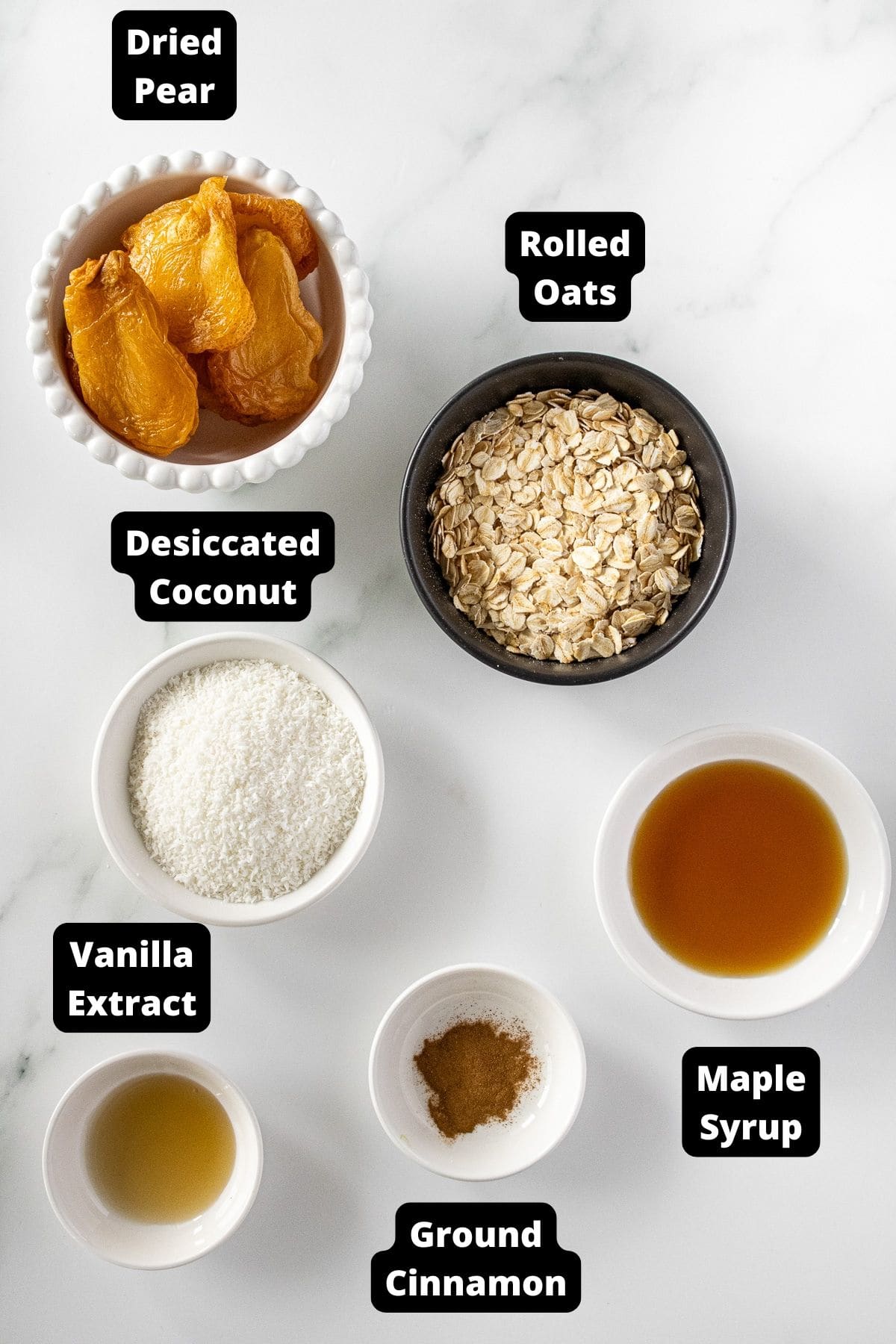 Ingredients in this recipe on a white marble background.