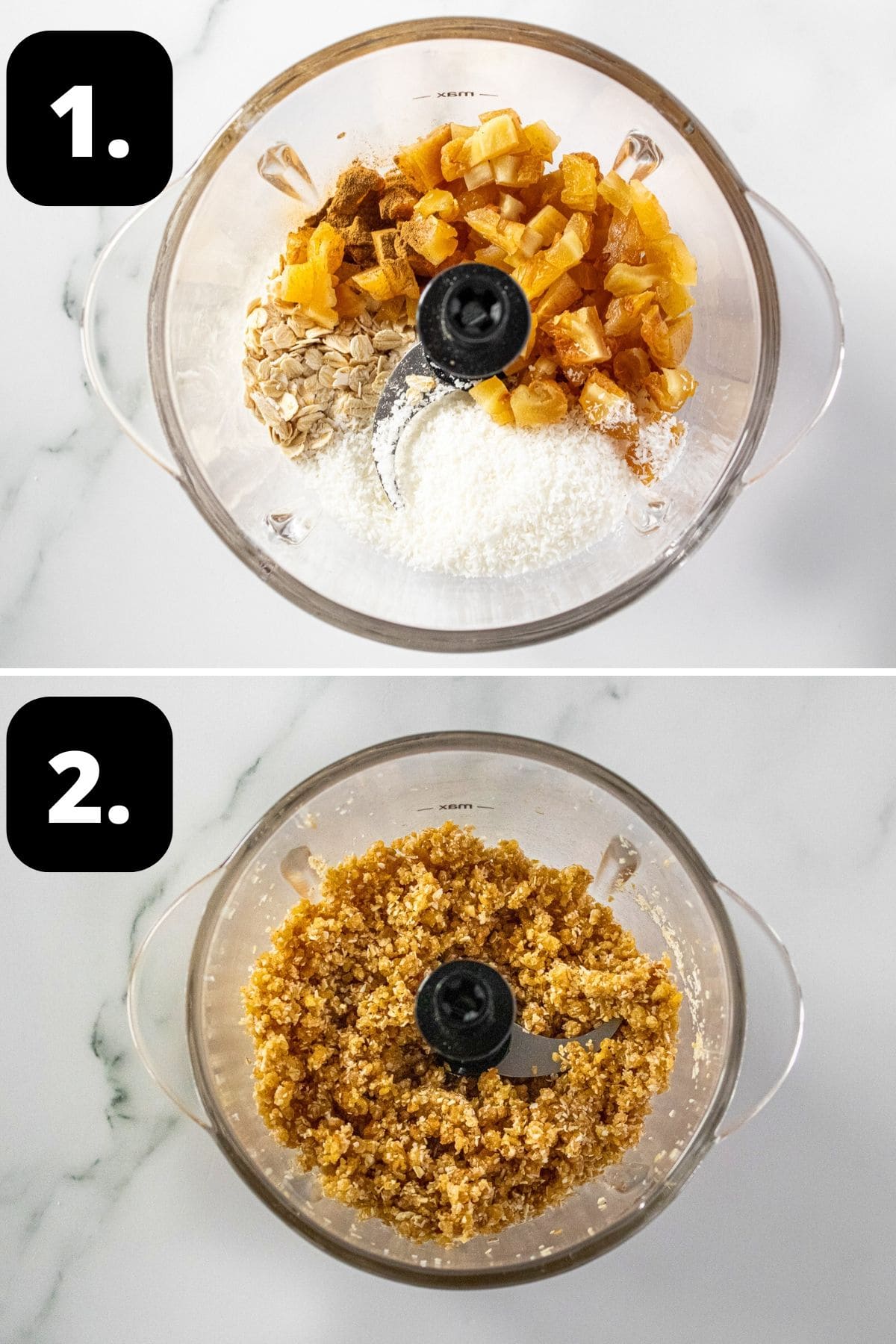 Steps 1-2 of preparing this recipe: the ingredients in a small food processor and the blended mixture, ready for rolling.