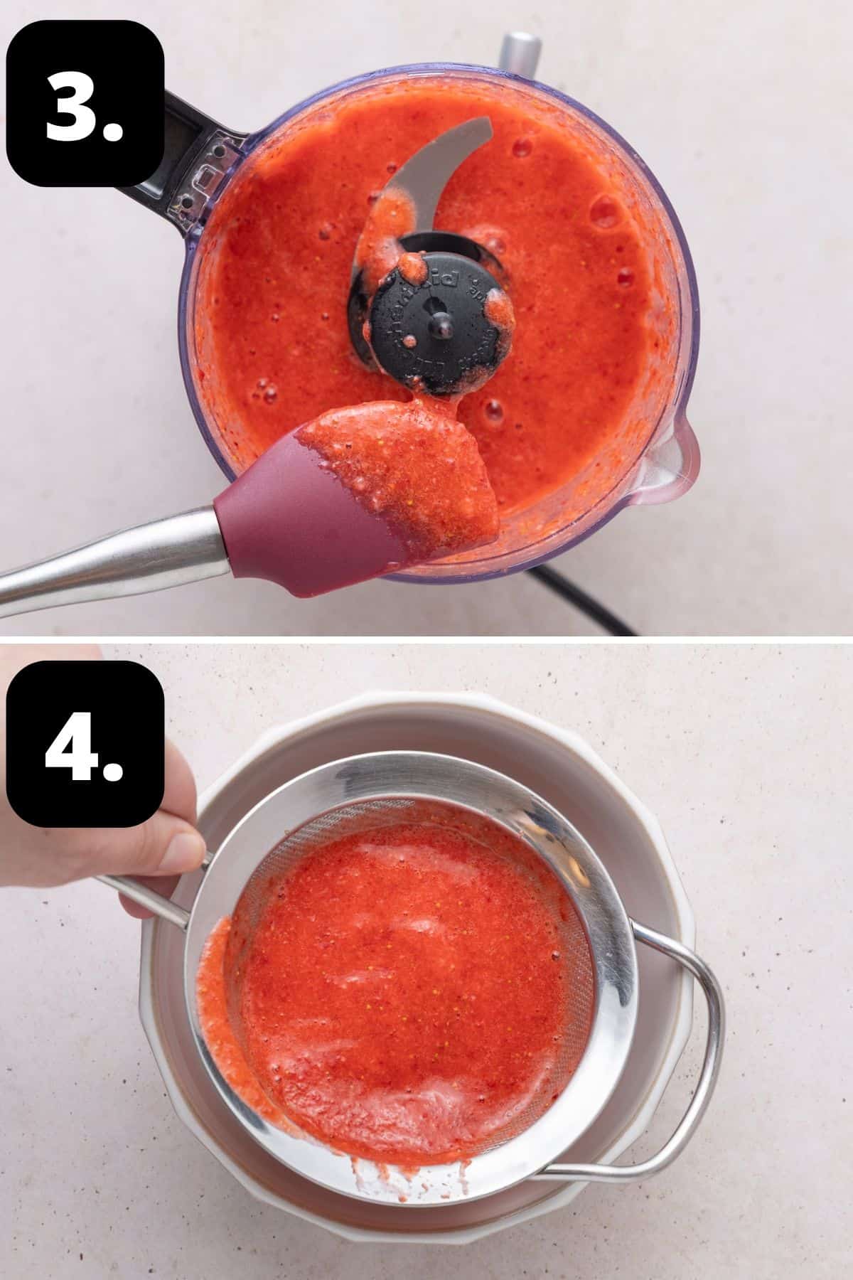 Steps 3-4 of preparing this recipe: the pureed strawberries and putting the mixture through a sieve.