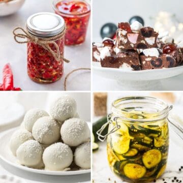 Photo collage of four edible gifts: preserved chillies, rocky road, coconut truffles and pickled zucchini.