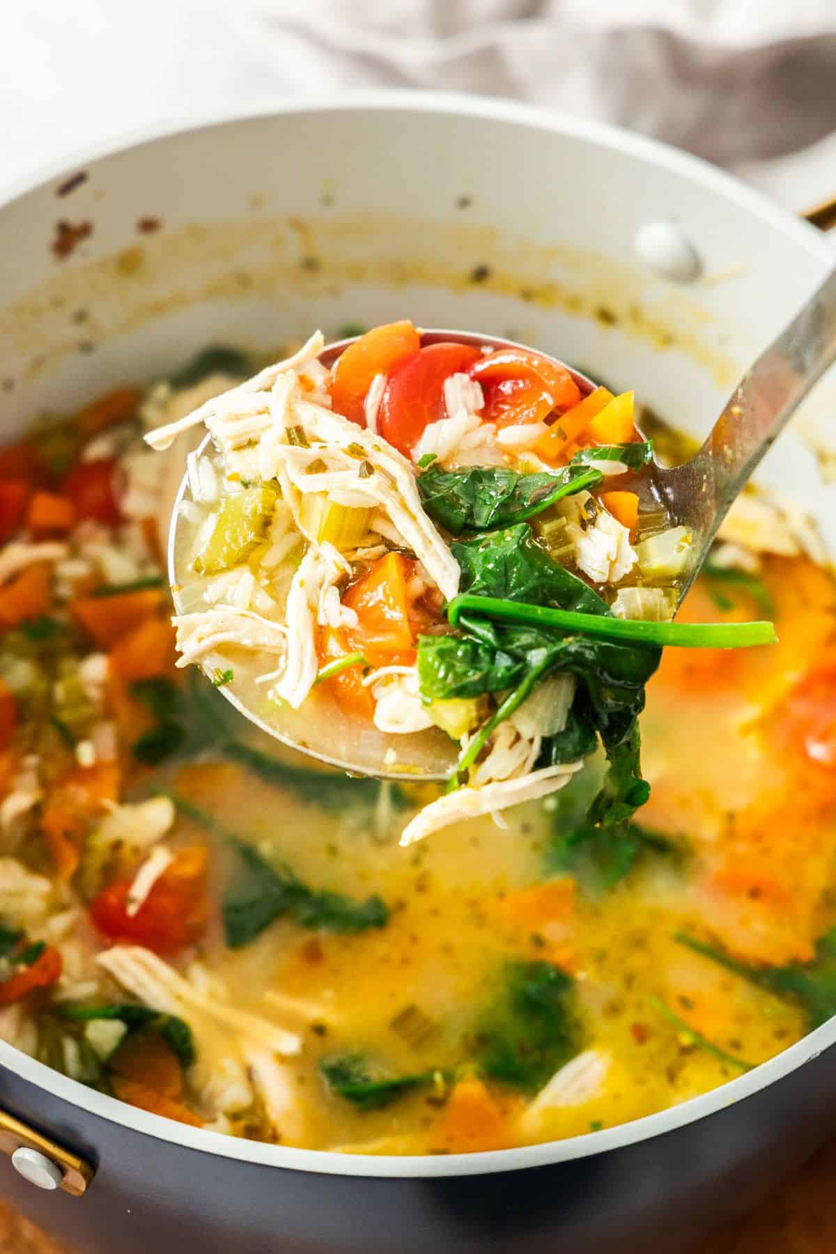 Large saucepan of Mediterranean Chicken and Rice Soup, with a ladle lifting out some soup.