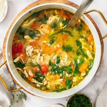 Large saucepan of Mediterranean Chicken and Rice Soup, with a ladle resting in the pot.