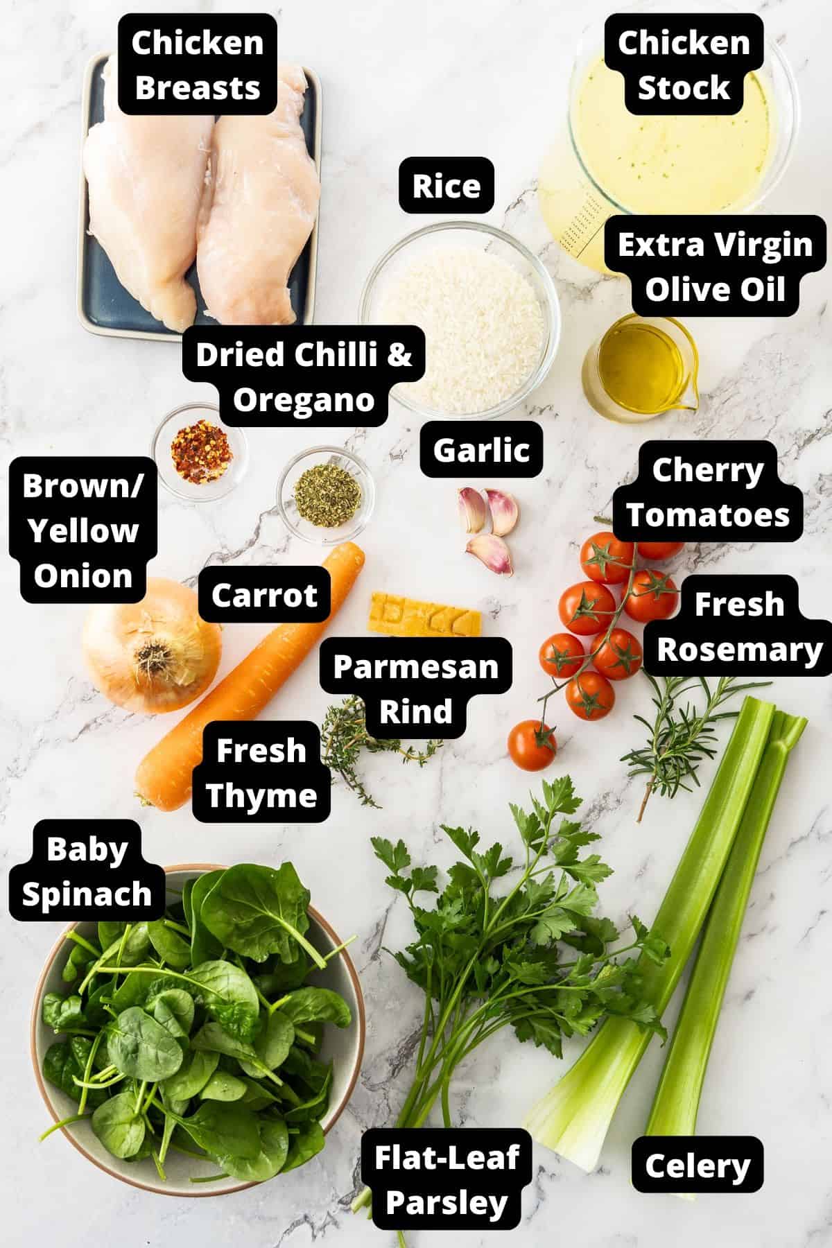 Ingredients in this recipe on a white marble background.