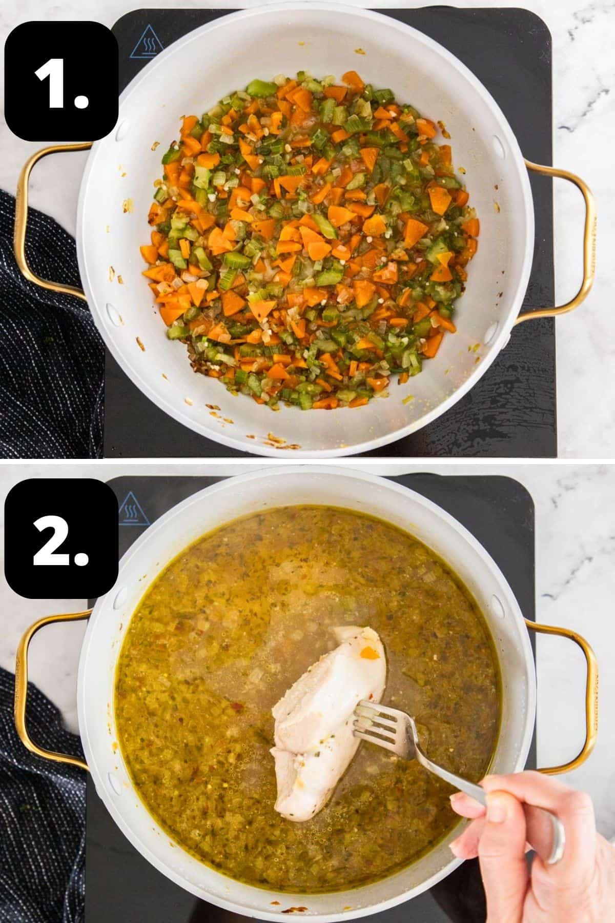 Steps 1-2 of preparing this recipe: sautéing the vegetables in a large saucepan and cooking the chicken in the stock.