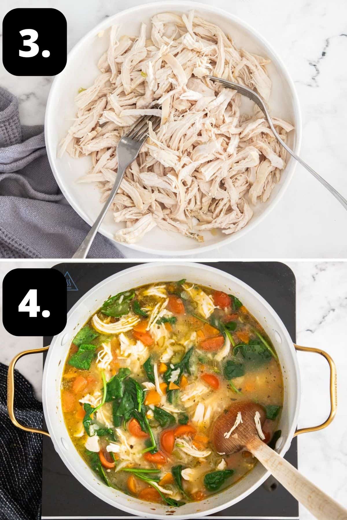 Steps 3-4 of preparing this recipe: shredding the chicken with two forks and the finished soup ready to serve.